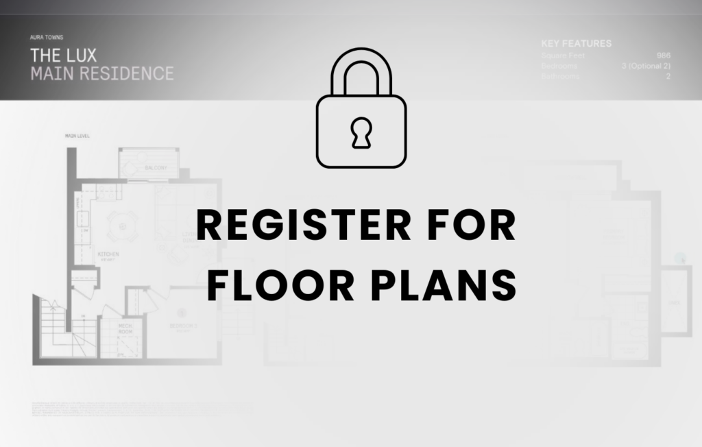 Floor plan layout of Aura Lakeview Village townhomes showing room dimensions and design options.