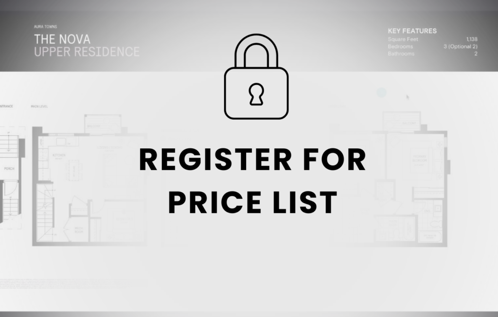 Floor plan layout of Aura Lakeview Village townhomes showing room dimensions and design options.